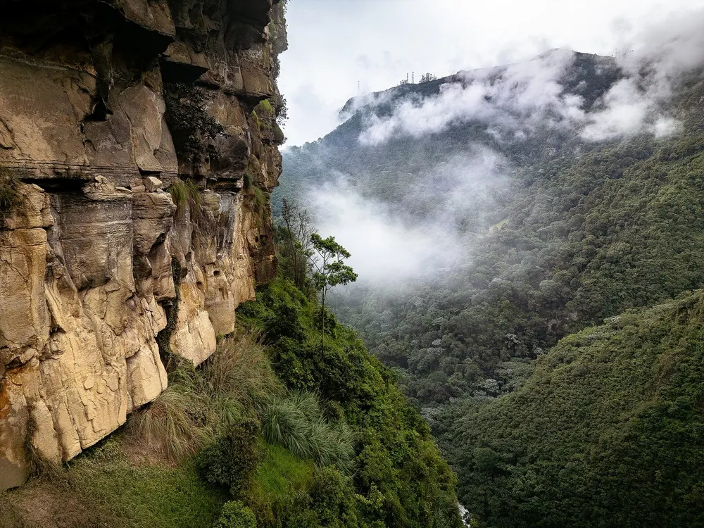 Fotografía de paisaje que resalta la geología del cañón del Salto del Tequendama, mostrando en primer plano la textura y estratificación de una enorme pared de roca vertical.…